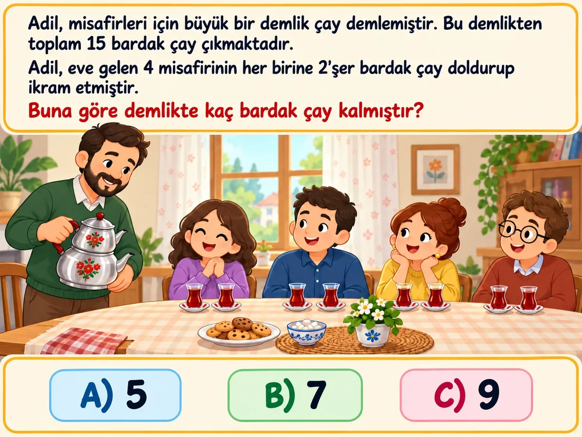 Özgün soru: Adil, 15 bardak çıkan demlikten eve gelen 4 misafirinin her birine 2 şer bardak çay doldurup ikram etmiştir. Demlikte kaç bardak çay kalmıştır? Seçenekler: A) 5, B) 7, C) 9.