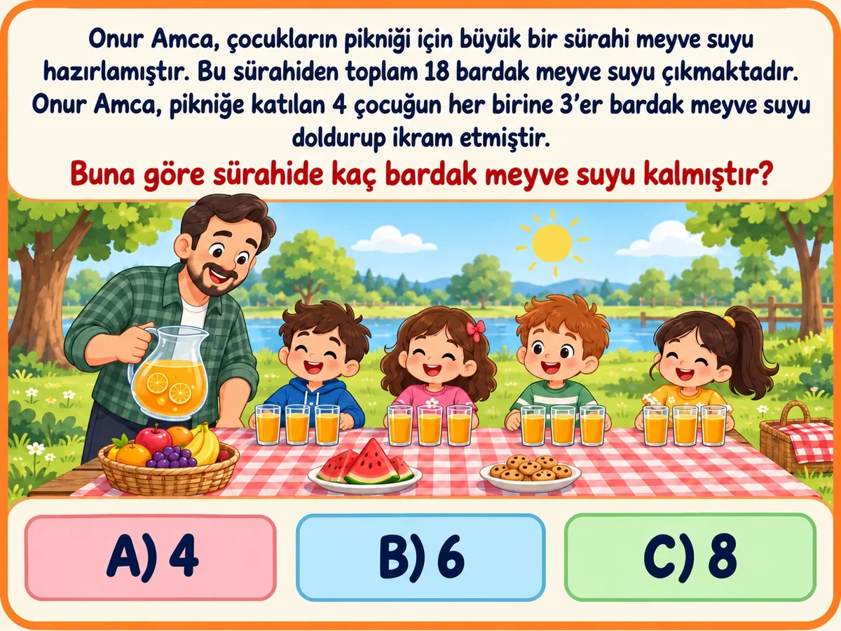 TYİ sorusu: Onur Amca, 18 bardak çıkan sürahiden pikniğe katılan 4 çocuğun her birine 3 er bardak meyve suyu doldurup ikram etmiştir. Sürahide kaç bardak meyve suyu kalmıştır? Seçenekler: A) 4, B) 6, C) 8.